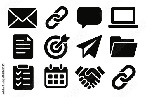 Backlink Outreach silhouette set: envelope, chain link, chat bubble, laptop, document, target, paper plane, folder, checklist, calendar, handshake, link icon.