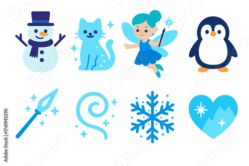 Magical Frost Friends flat icons: enchanted snowman, glowing snow cat, frosty fairy, tiny penguin, icicle wand, frost swirl, sparkly snowflake, frozen heart.