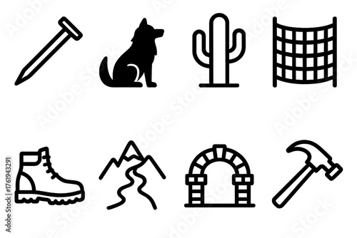 Resilience outline icon set: iron nail, wolf silhouette, cactus, safety net, climbing boot, rugged path, brick arch, hammer.