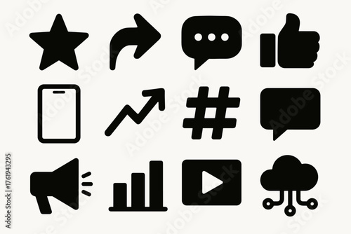Viral Engagement silhouette set: star icon, share arrow, chat bubble, like icon, smartphone, trending line, hashtag, comment box, megaphone, data graph, video play icon, cloud
