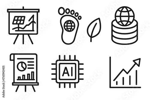 Sustainability Insights outline icon set: renewable energy chart, carbon footprint icon, leaf symbol, global database, policy document, infographic board, AI chip, trend arrow.