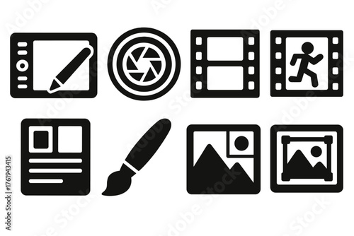 Creative Assets silhouette set: drawing tablet, camera lens, film strip, animation frame, poster layout, artwork brush, graphic template, photo editor.