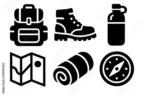 Essential Gear silhouette set: backpack, hiking boots, water bottle, sleeping bag, map icon, compass.