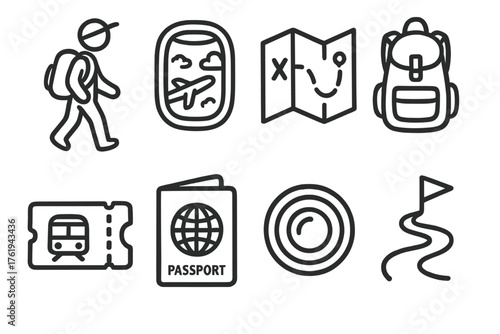 Solo Travel set of icons in doodle hand-drawn vector style: walking traveler, airplane window, travel map, backpack icon, train ticket, passport, camera lens, adventure path.