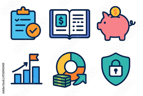 Savings Management flat icons: personal savings plan, budget notebook, piggy bank with coin, stacked bills, progress chart, goal flag, income tracker, secure account.