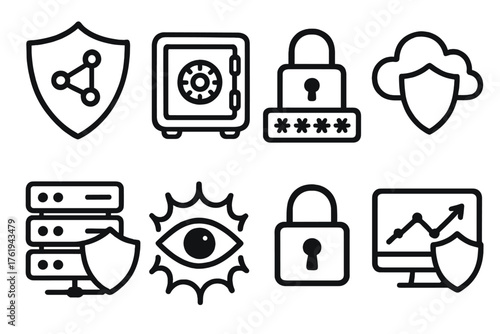Cyber Defense Cloud set of icons in doodle hand-drawn vector style: network shield, data vault, password lock, protected cloud, server security, threat detection icon, privacy