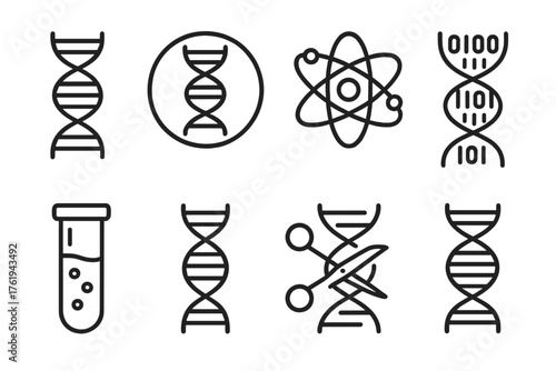 DNA outline icon set: twisted ladder, genome sequence, molecular link, helix inside circle, atom model, binary code helix, test tube, gene editing scissors.