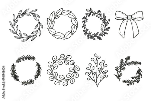 Botanical Holiday Wreaths set of icons in doodle hand-drawn vector style: olive branch wreath, magnolia leaf ring, bay leaf circle, ivy and fern mix, evergreen sprigs, eucalyptus