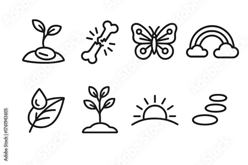 Recovery & Growth outline icon set: sprouting seed, broken bone healing, butterfly, rainbow, raindrop on leaf, growing tree, sunrise horizon, stepping stones.