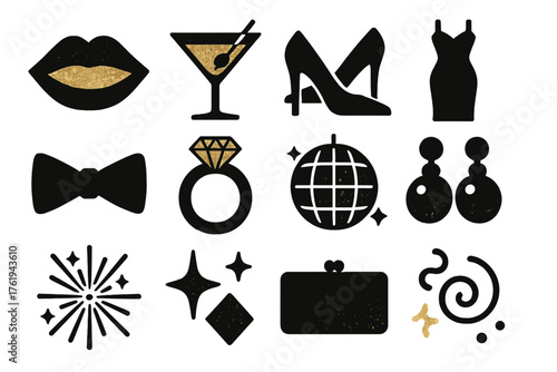 New Year’s Eve Glamour silhouette set: glitter makeup, cocktail glass, high heels, evening gown, bow tie, diamond ring, disco ball, pearl earrings, fireworks, sparkling star,