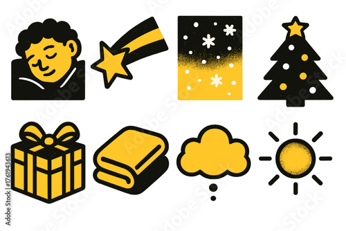 Holiday Wonder — Festive dreams silhouette set: sleeping child, shooting star, gentle snow, glowing tree, wrapped gift, soft blanket, dream cloud, golden light.