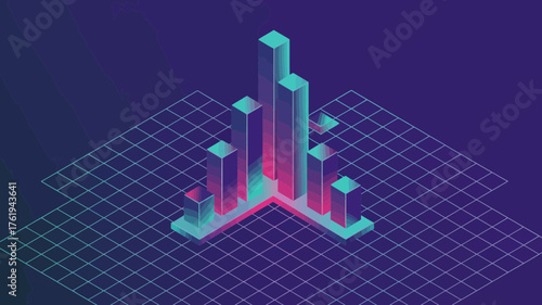Abstract isometric digital data visualization with glowing neon bars and grid on a dark purple background representing growth and technology