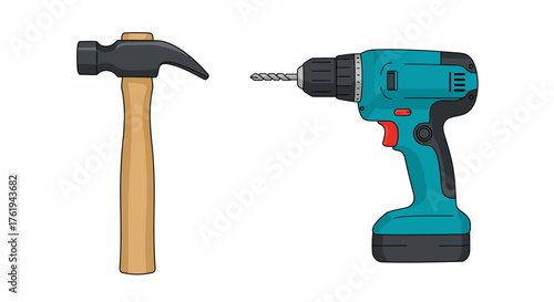 Handy Tools A Classic Hammer and a Modern Cordless Drill Ready for Any Project