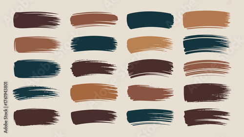 Collection of abstract artistic brush strokes in earthy tones and deep blues on a neutral background