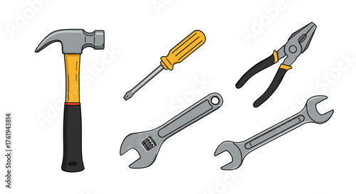 Hand Tools Collection Illustration of Hammer, Screwdriver, Pliers, and Wrenches for Construction and Repair