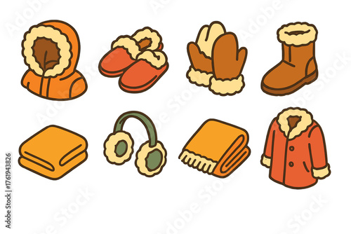 Fur-Lined Items — rustic line art flat isometric set: parka hood, soft slippers, shearling mittens, boot trim, cozy coat, earmuff strap, fleece throw, cabin rug.