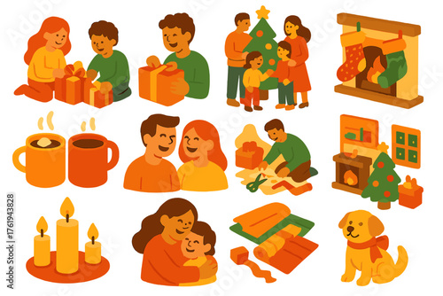 Gift Exchange Family — Warm Flat Icons flat isometric set: children opening gifts, family around tree, cozy fireplace, cocoa mugs, stockings, laughter, hugs, wrapping paper,