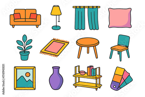 Interior Styling Icons flat isometric set: sofa, lamp, curtain, pillow, potted plant, rug, table, chair, wall art, vase, shelf, color swatch.