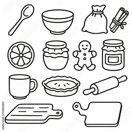 Winter Treats Rustic Kitchen outline icon set: wooden spoon, mixing bowl, flour sack, cinnamon sticks, dried orange, honey jar, baked cookie, jam jar, ceramic mug, pie dish,