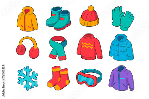 Snow Day Looks flat isometric set: parka, snow boots, knit hat, gloves, earmuffs, scarf, wool sweater, puffer coat, snowflake, socks, goggles, jacket.