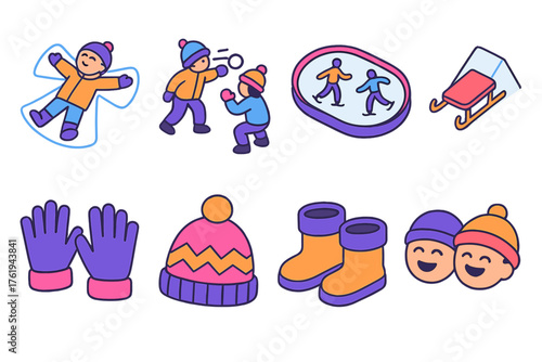 Cold Weather Play flat isometric set: snow angel, snowball fight, ice rink, sled on hill, wool gloves, cozy hat, boots, joyful faces.
