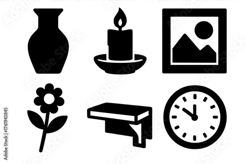 Decorative nook silhouette set: vase, candle, picture frame, flower, shelf, clock.