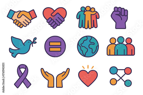 Allyship & Solidarity Set flat icons: handshake, heart hands, unity circle, raised fist, peace dove, equality symbol, globe, group of people, support ribbon, open arms, heart spark