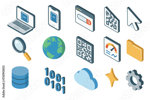 Digital Encyclopedia set icons in modern isometric flat vector style: laptop, smartphone, app window, cursor, search icon, globe, QR code, dashboard, database, binary code, cloud,