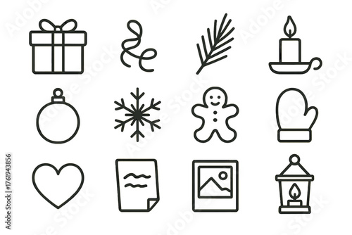 Wrapped Memories outline icon set: gift box, ribbon curl, pine sprig, candle, ornament, snowflake, cookie, mitten, heart, handwritten card, photo, lantern.