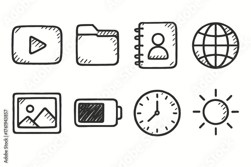 App Icons set of icons in doodle hand-drawn vector style: video player, file folder, contact book, globe browser, photo frame, battery icon, clock face, weather sun.