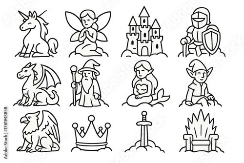 Fantasy Snow Sculptures outline icon set: snow unicorn, snow fairy, snow castle, snow knight, snow dragon, snow wizard, snow mermaid, snow elf, snow griffin, snow crown, snow sword