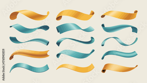 Collection of flowing golden and teal ribbons and banners with elegant curves and graceful movement on a light background