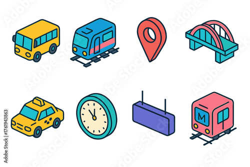 Urban Transport Nodes flat isometric set: bus, train, metro, map pin, bridge, taxi, clock, station sign.