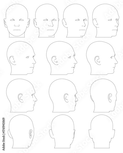 Realistic male head character set with diverse facial expressions and various human head shapes. This line drawing collection is perfect for character design reference.