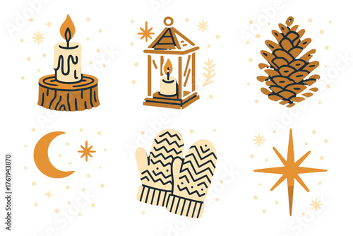 Winter Candlelight — rustic line art flat icons: log table with candle, dripping wax, wooden lantern, pinecone, wool mittens, night sky, glowing spark, snowfall.