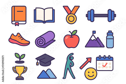 Personal Progress flat icons: diary, open book, medal, dumbbell, running shoe, yoga mat, apple, water bottle, growth plant, graduation cap, mountain hike, calendar mark, trophy,