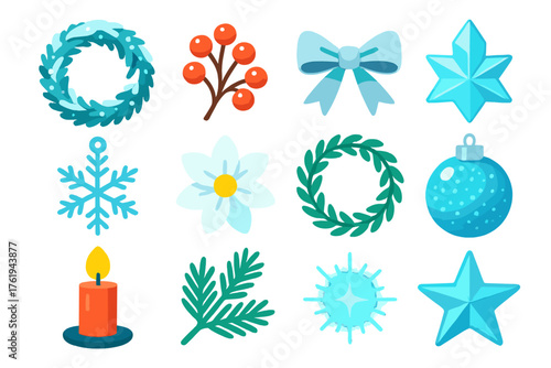 Winter Wreath Traditions flat icons: snowy pine wreath, frosted berries, silver ribbon, icy crystal, snowflake charm, white flower, evergreen loop, sparkling ornament, candle