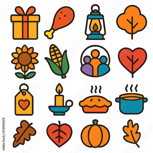 Thanksgiving Gratitude flat icons: blessing card, roasted turkey leg, baked pie, lantern, fall tree, sunflower, corn husk, family circle, heart-shaped leaf, gift of thanks,