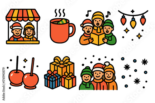 Festive Market Joy — cheerful outline icons flat isometric set: smiling vendors, steaming cocoa, twinkling lights, carol singers, candy apples, wrapped gifts, merry crowd, snowfall