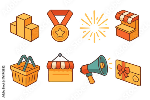 Promotion set icons in modern isometric flat vector style: podium, medal, light rays, store counter, shopping basket, store banner, megaphone with star, gift card.