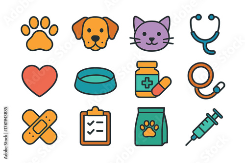 Healthy Pets flat icons: paw icon, dog face, cat face, stethoscope, heart, water bowl, vitamins, leash, bandage, clipboard, food bag, syringe.