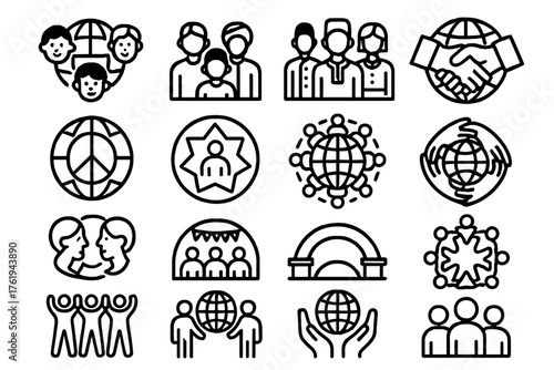 Cultural Unity Icons outline icon set: globe with diversity, multicultural group, people in traditional clothes, handshake across nations, peace globe, diversity badge, inclusive