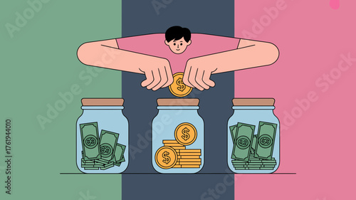 Man carefully placing coins and bills into three glass jars symbolizing savings investment and financial planning for future security