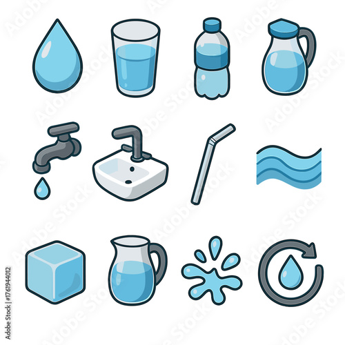 Basic hydration set icons in modern isometric flat vector style: water droplet, glass of water, bottle, jug, faucet, sink, straw, wave, ice cube, pitcher, refill icon, splash.