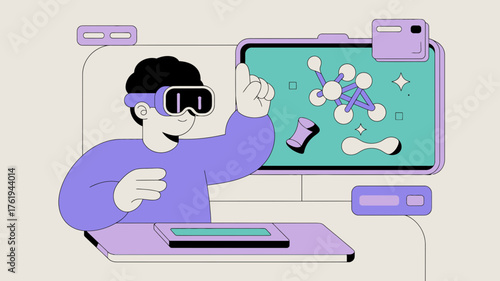 Person wearing virtual reality headset interacting with a digital interface displaying molecular structures and scientific data on a computer screen