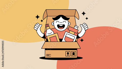 Excited cartoon character popping out of an open cardboard box filled with surprise items and sparkling stars