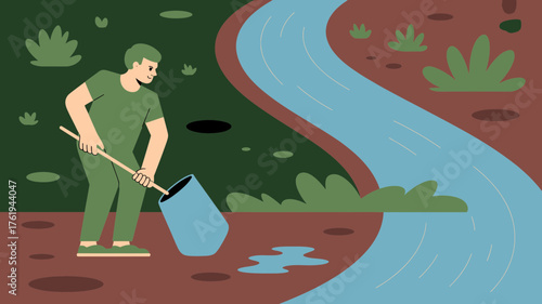Man in green uniform cleaning a polluted river with a net and stick to protect the environment and nature conservation efforts
