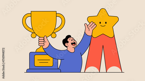 Joyful man celebrating with a golden trophy and a smiling star award for achievement and success