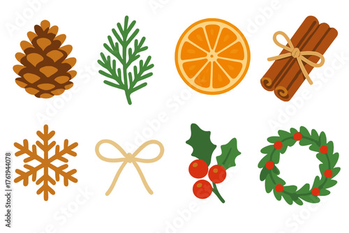 Winter Decorations Natural Touch flat icons: pinecone cluster, cedar sprig, dried orange slice, cinnamon stick bundle, wooden snowflake, twine bow, holly berries, small wreath.
