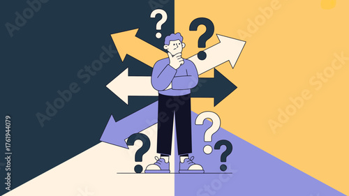 Confused person standing at a crossroads with multiple arrows pointing in different directions and question marks symbolizing uncertainty and decision making